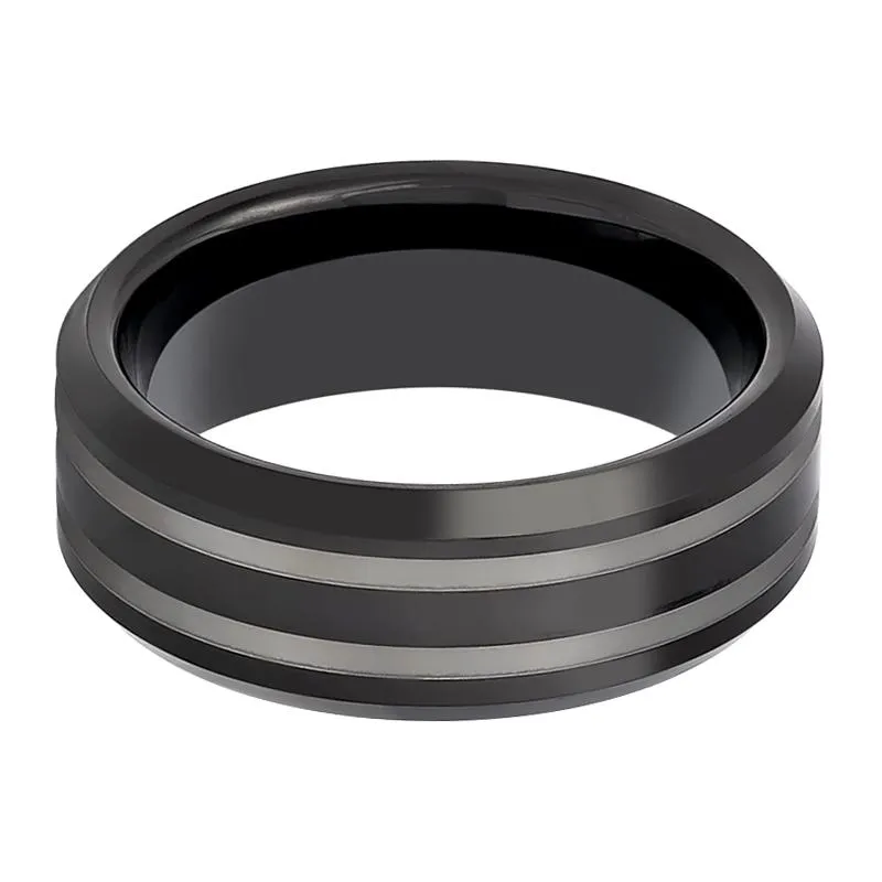 WOLSEY | Black Tungsten Ring, Double Laser Engraved Lines, Beveled
