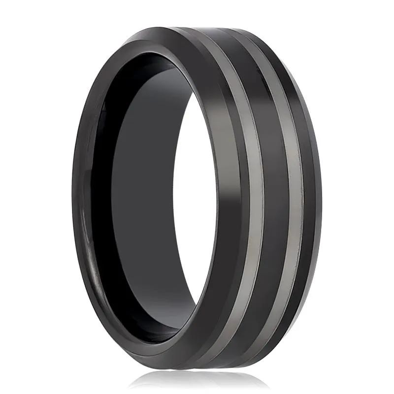 WOLSEY | Black Tungsten Ring, Double Laser Engraved Lines, Beveled
