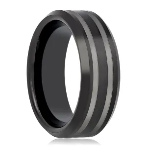 WOLSEY | Black Tungsten Ring, Double Laser Engraved Lines, Beveled