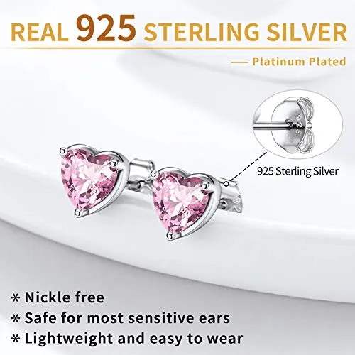 Women 925 Sterling Silver 6mm Heart Stud Earrings Pink Tourmaline Crystal Cubic Zirconia CZ October Birthstone Earring Studs Hypoallergenic Earring for Sensitive Ears