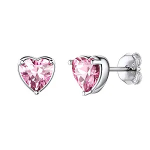 Women 925 Sterling Silver 6mm Heart Stud Earrings Pink Tourmaline Crystal Cubic Zirconia CZ October Birthstone Earring Studs Hypoallergenic Earring for Sensitive Ears