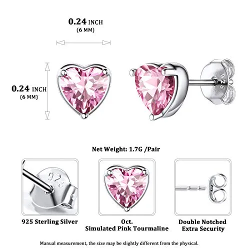 Women 925 Sterling Silver 6mm Heart Stud Earrings Pink Tourmaline Crystal Cubic Zirconia CZ October Birthstone Earring Studs Hypoallergenic Earring for Sensitive Ears