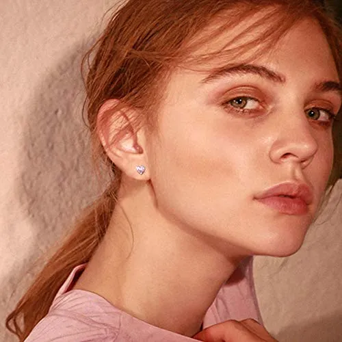 Women 925 Sterling Silver 6mm Heart Stud Earrings Pink Tourmaline Crystal Cubic Zirconia CZ October Birthstone Earring Studs Hypoallergenic Earring for Sensitive Ears