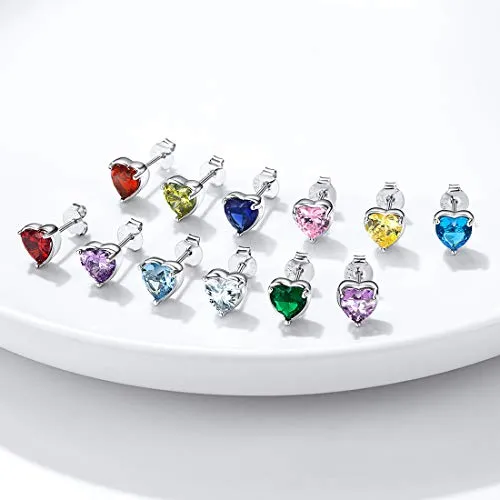Women 925 Sterling Silver 6mm Heart Stud Earrings Pink Tourmaline Crystal Cubic Zirconia CZ October Birthstone Earring Studs Hypoallergenic Earring for Sensitive Ears