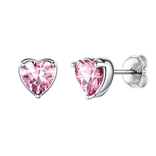 Women 925 Sterling Silver 6mm Heart Stud Earrings Pink Tourmaline Crystal Cubic Zirconia CZ October Birthstone Earring Studs Hypoallergenic Earring for Sensitive Ears
