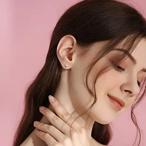 Women 925 Sterling Silver 6mm Heart Stud Earrings Pink Tourmaline Crystal Cubic Zirconia CZ October Birthstone Earring Studs Hypoallergenic Earring for Sensitive Ears