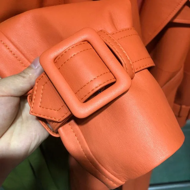 Women Crocodile Pattern Long Leather Coat
