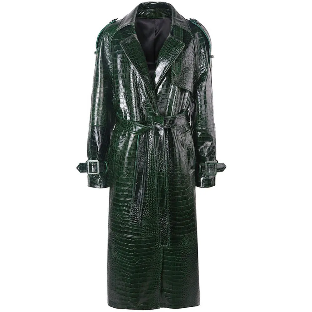 Women Crocodile Pattern Long Leather Coat