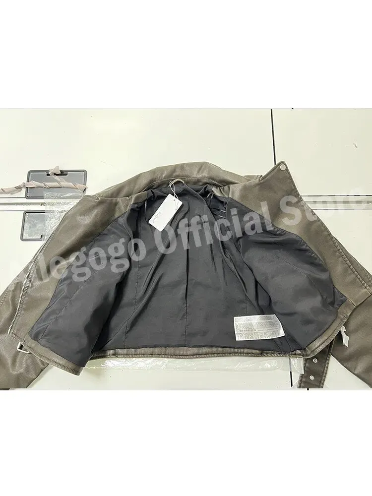 Women's Vintage Loose Faux Leather Short Jacket with Belt Biker Style Retro Jacket