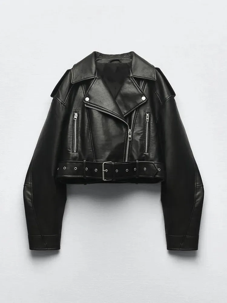 Women's Vintage Loose Faux Leather Short Jacket with Belt Biker Style Retro Jacket