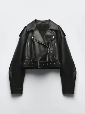 Women's Vintage Loose Faux Leather Short Jacket with Belt Biker Style Retro Jacket